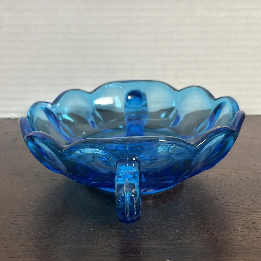 Vintage Anchor Hocking Scalloped Cobalt Blue Glass Candy Dish Bowl with Handles